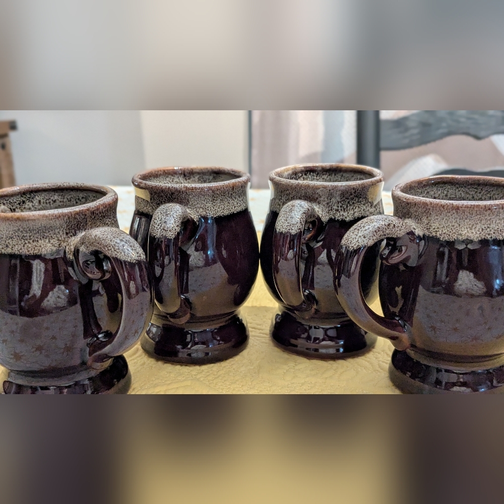 Vintage Brown Drip Glaze Pedestal Coffee Mugs, Made In TAIWAN Set Of 4